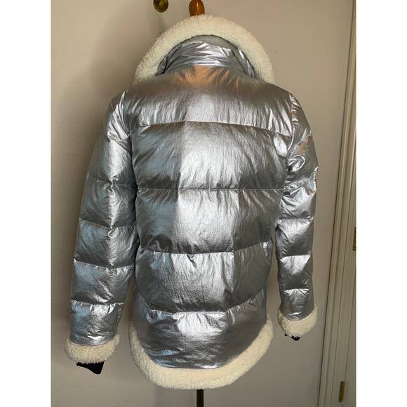 Sanctuary Silver Shine Down Puffer Jacket Cream Shearling Collar Trim Sz Small - Picture 4 of 15